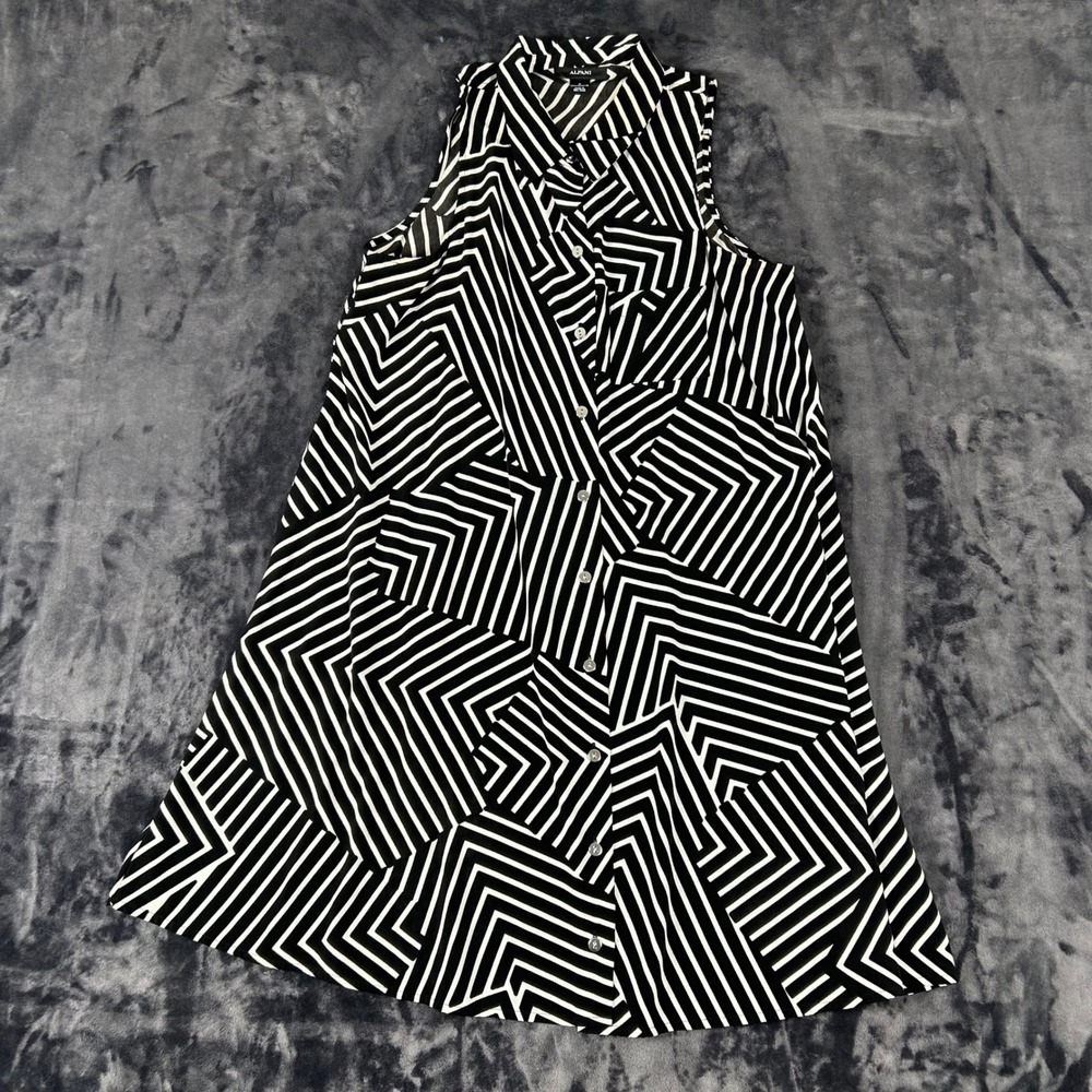 Alfani Shirt Dress Womens 2 Black White Geometric Chevron Stripe‎ Sleeveless